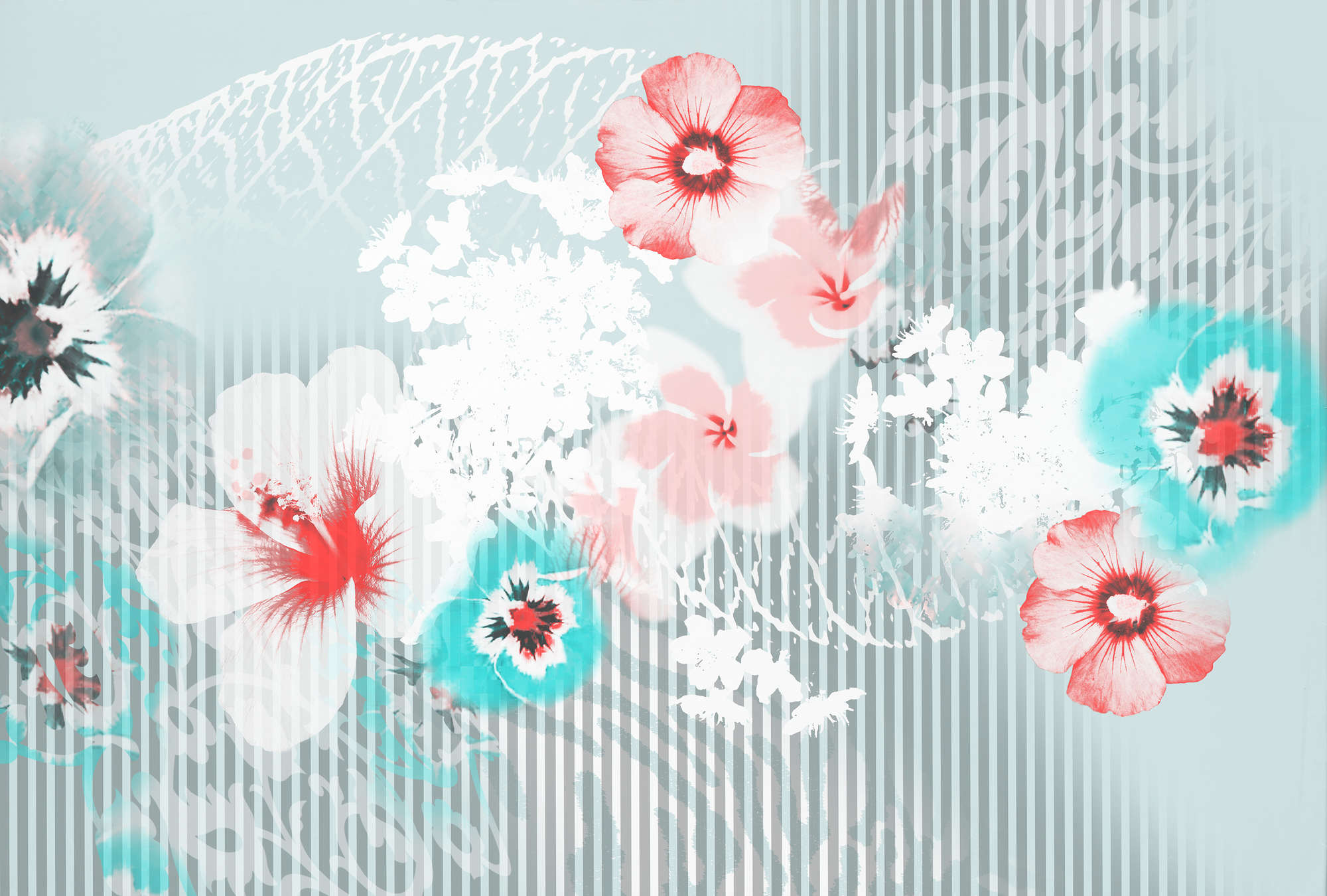             Fototapete Blütendesign, grafisch & natürlich – Blau, Grau, Rosa
        