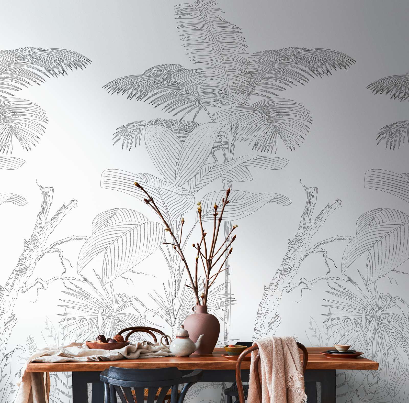             Vliestapete mit gezeichnetem Dschungelmotiv – Schwarz, Weiß
        