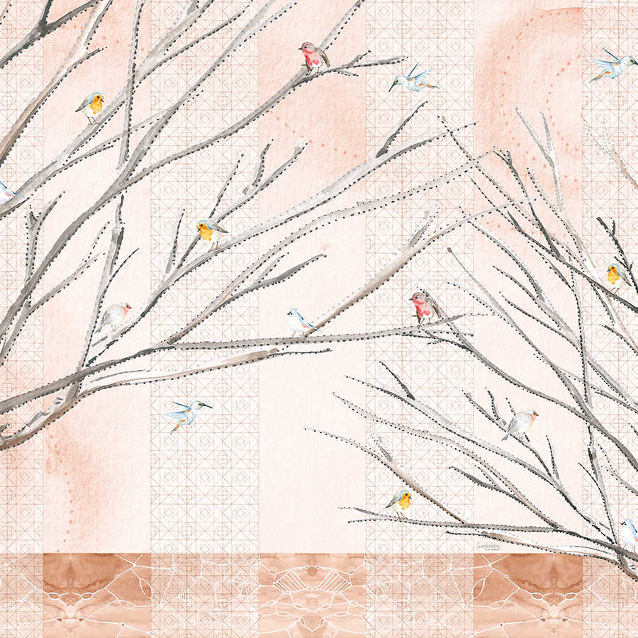 Künstlerische Fototapete Bäume mit Vögeln in Beige und Braun auf Premium Glattvlies
