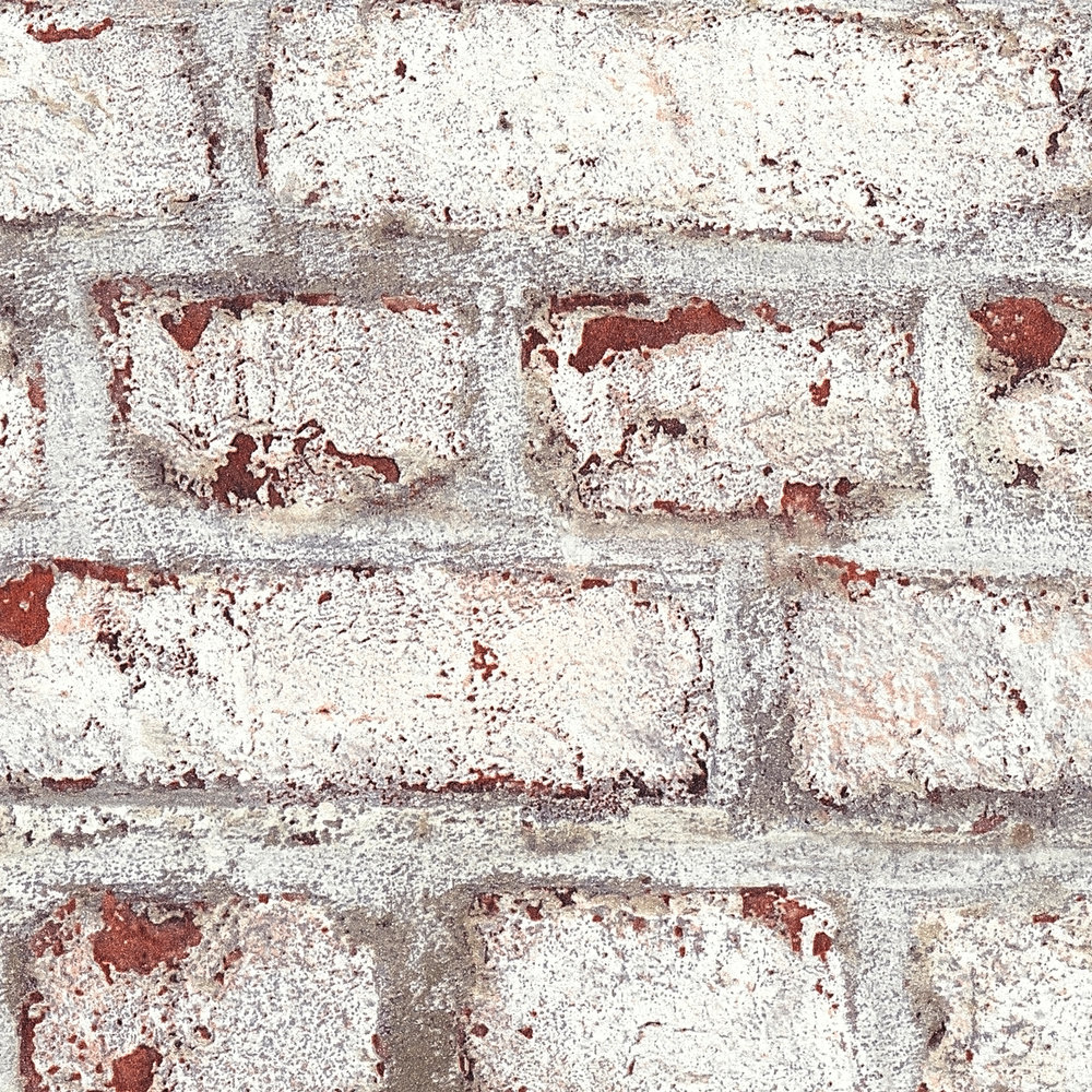             Mauerwerk-Tapete mit rustikaler Backsteinwand gekalkt – Weiß, Braun, Grau
        