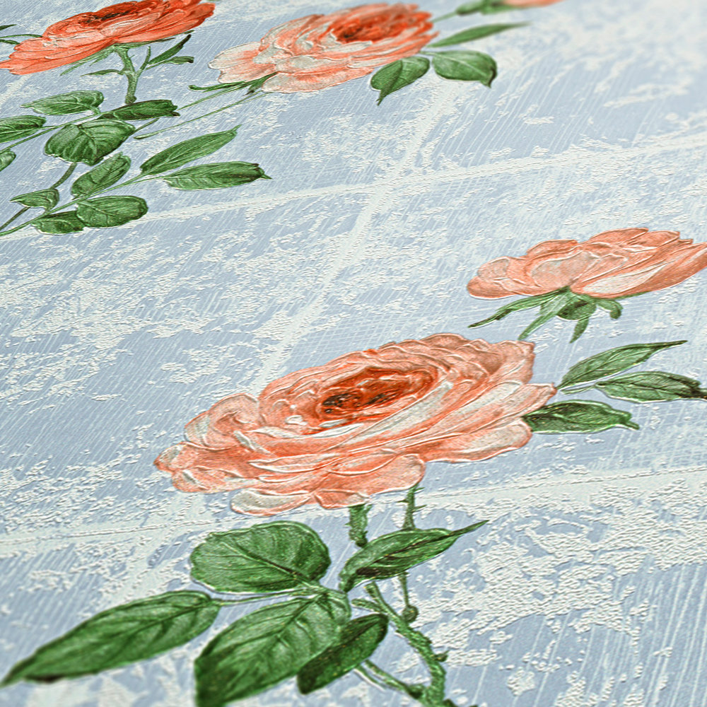             Fliesenoptik Tapete im Used Lok mit Rosen-Ranken – Blau
        
