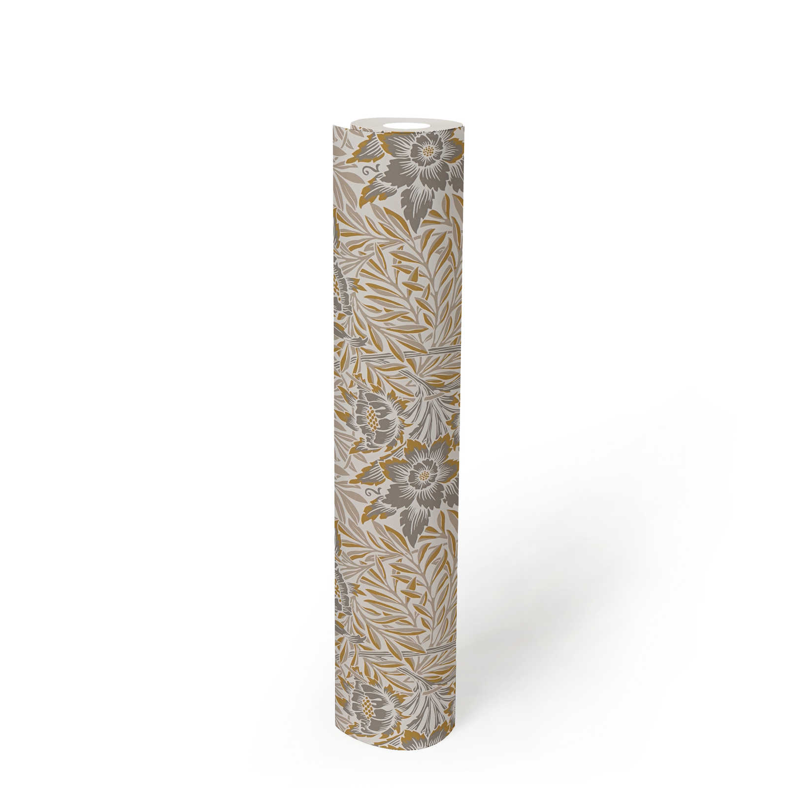             Vliestapete mit verschiedenen Blumen und Blätterranken – Gold, Beige, Silber
        