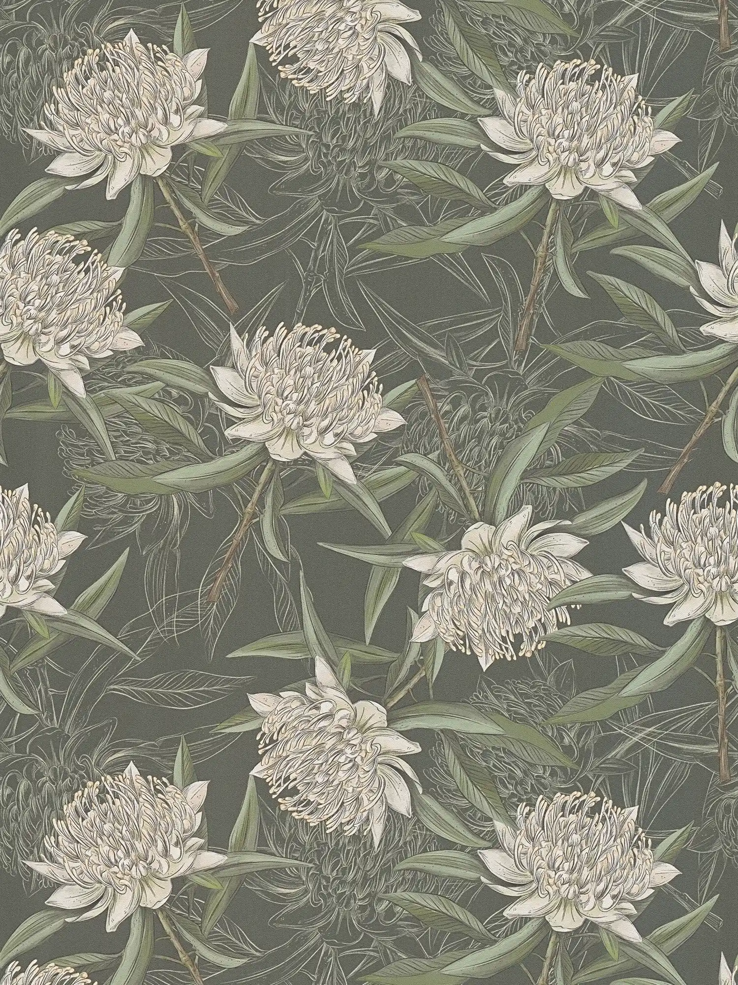 Tapete im floralen Stil mit Blumen & Blättern strukturiert matt – Schwarz, Grün, Dunkelgrün

