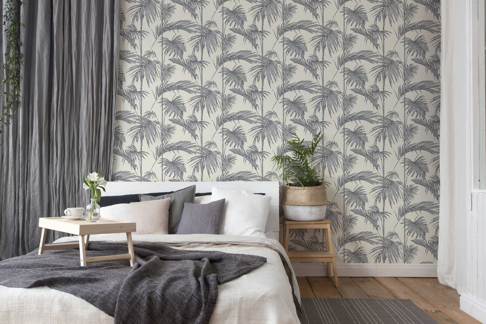             Natürliche Tapete Palmenblätter, Bambus – Grau, Silber, Weiß
        