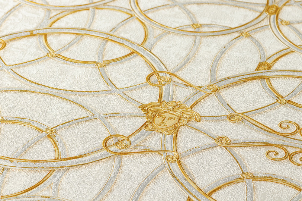            VERSACE Home Tapete Kreismuster und Medusa – Gold, Creme, Weiß
        