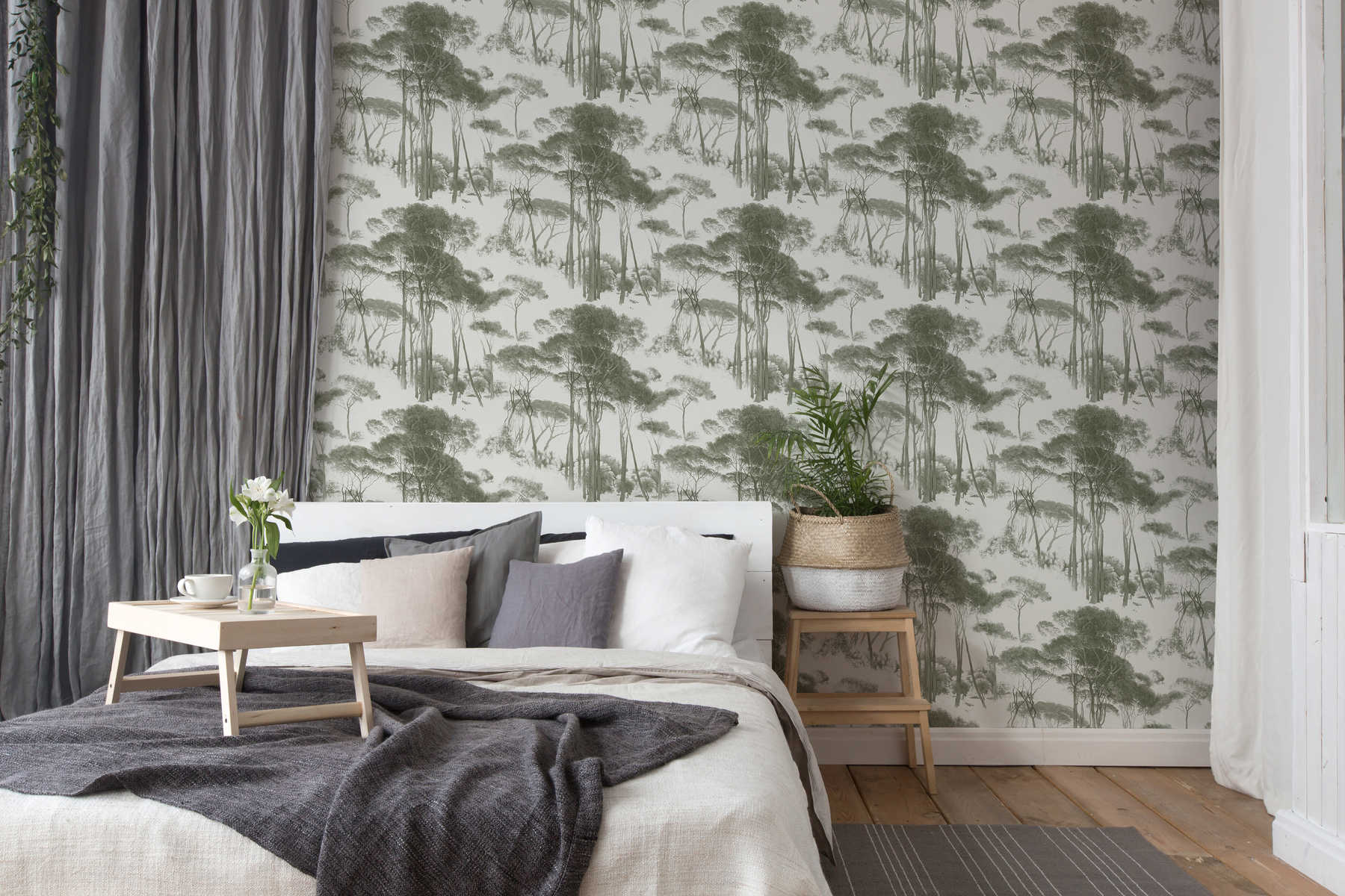             Tapete stilisierte Wald-Landschaft – Grün, Weiß
        
