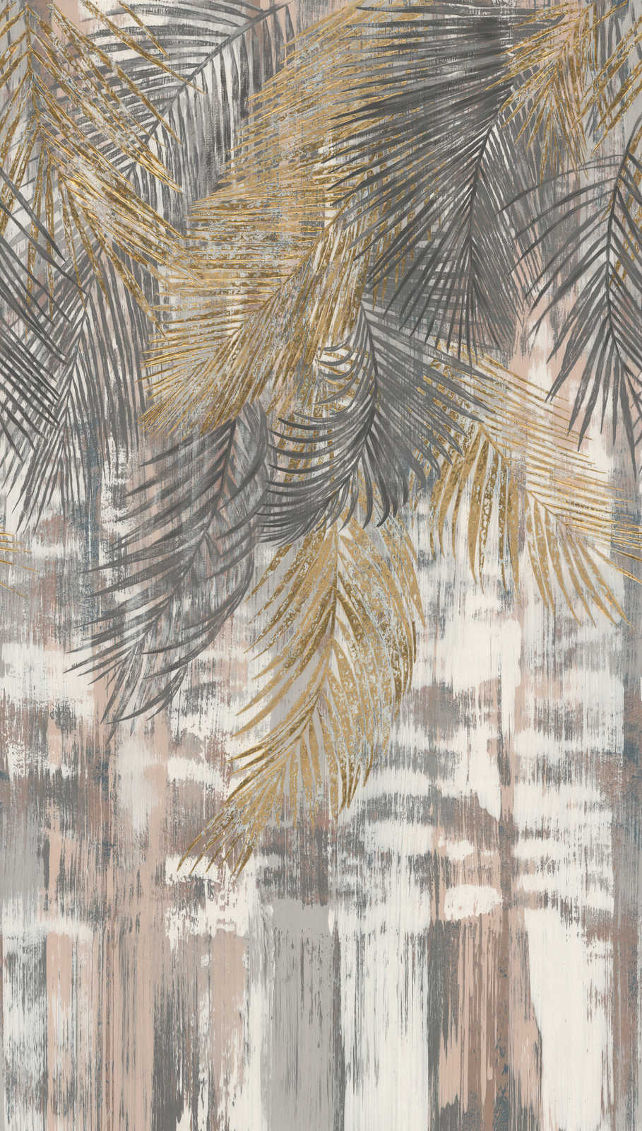             Vliestapete große Palmenblätter im Used Look – Grau, Gelb, Beige
        