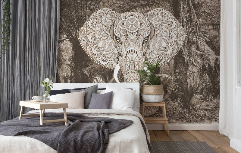             Fototapete Elefant im Boho-Stil, Dschungelmotiv in Sepia – Beige, Grau, Weiß
        