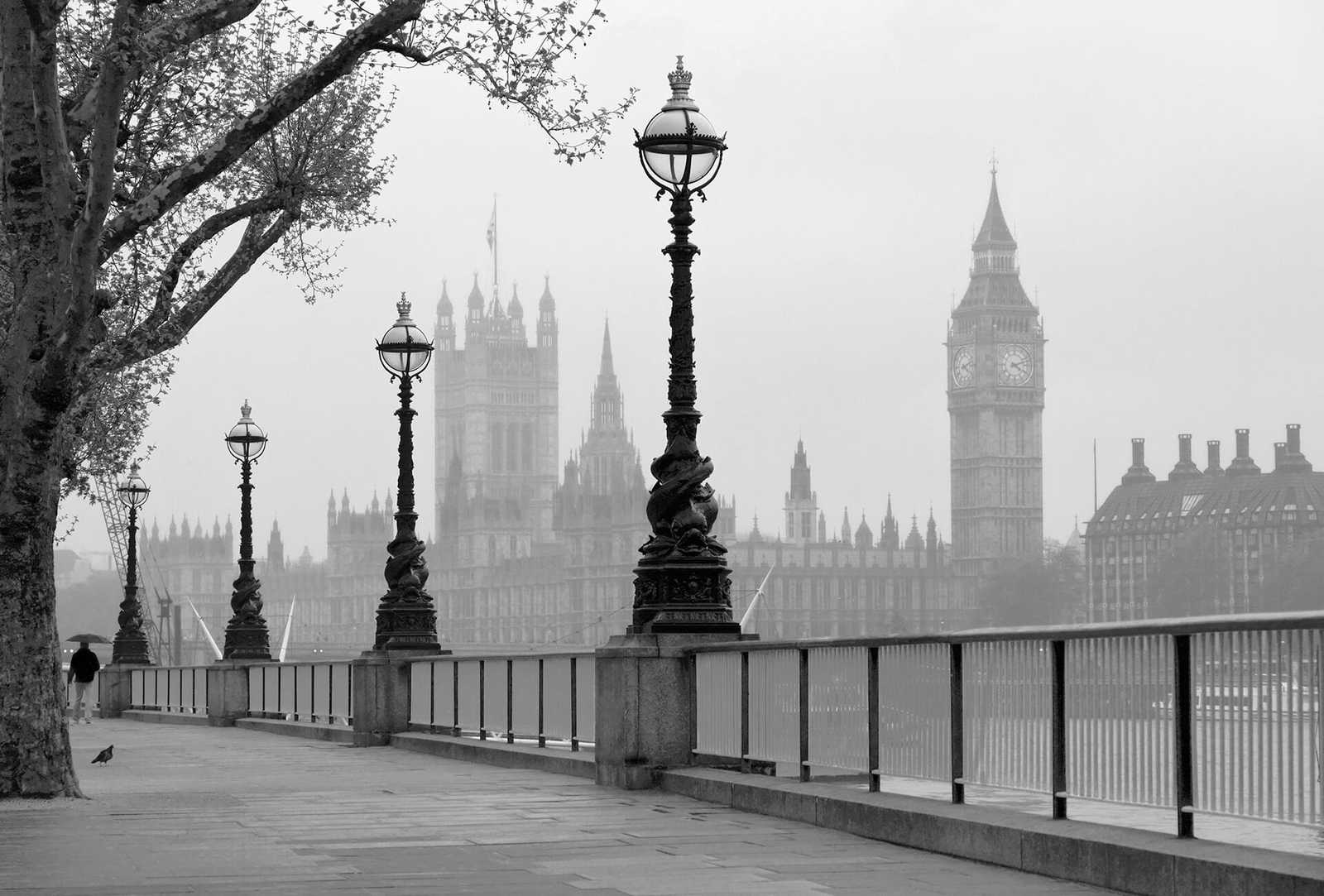         Fototapete London im Nebel – Schwarz, Weiß, Grau
    
