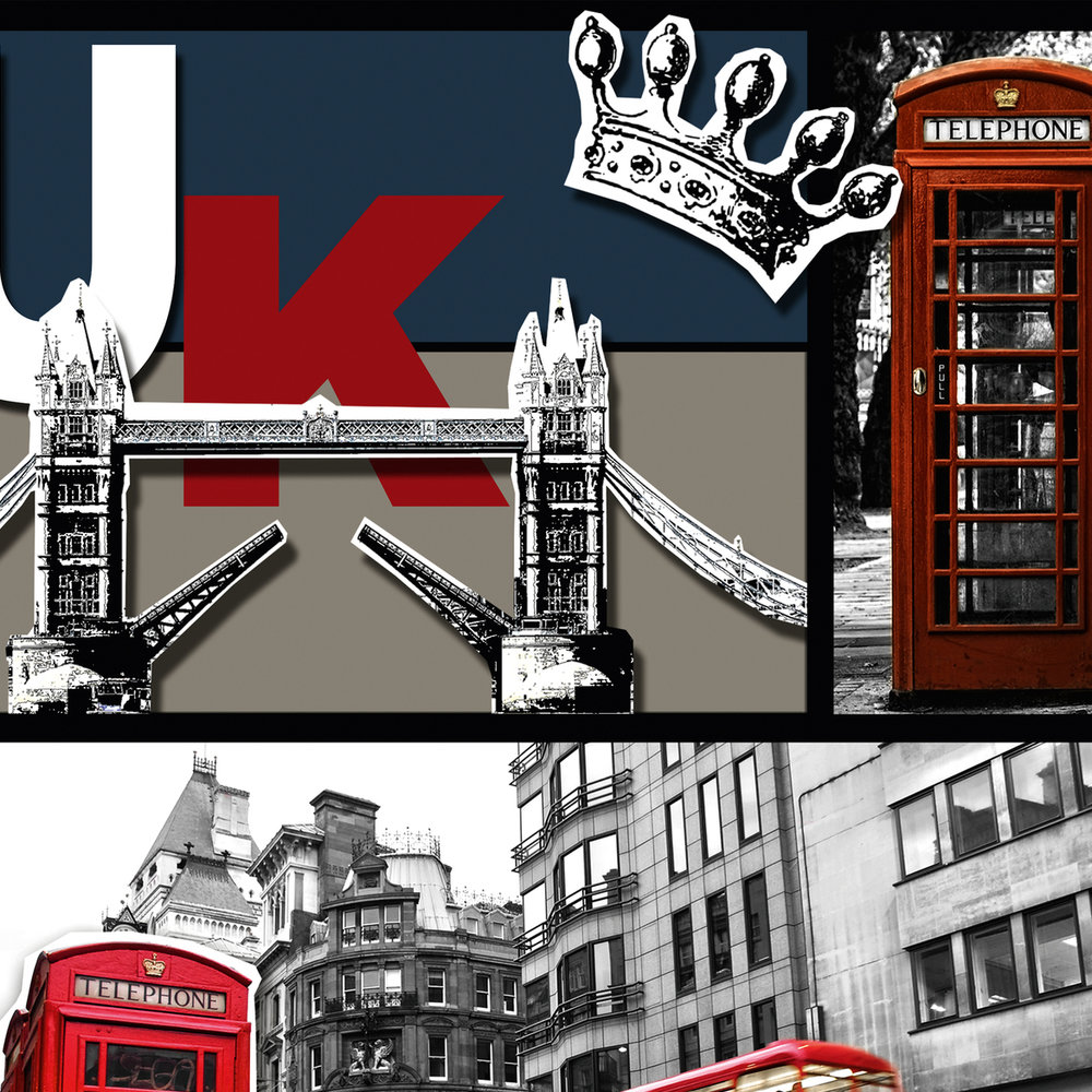             London-Tapete mit City-Profil und Sehenswürdigkeiten – Schwarz, Rot, Bunt
        