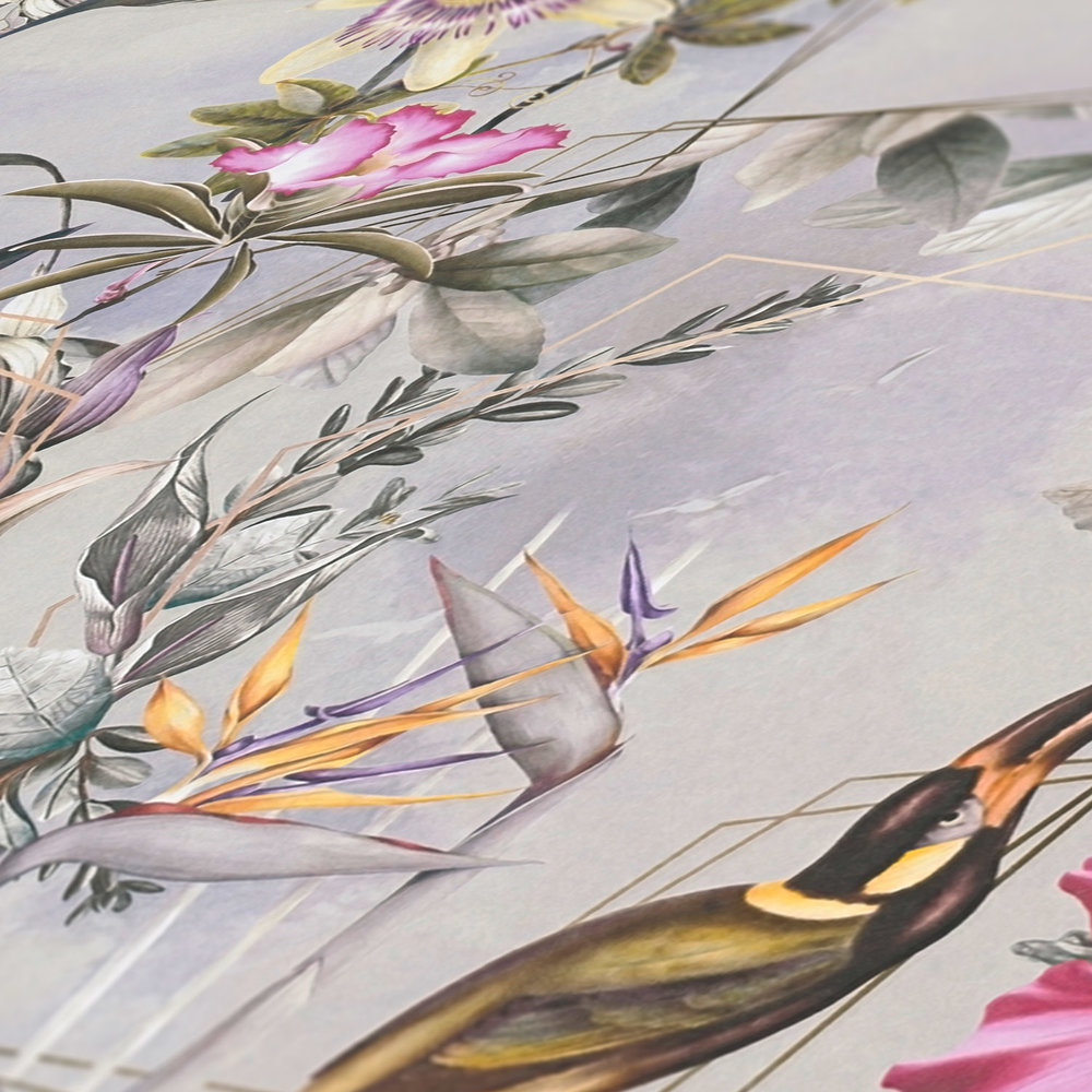             Blumen Tapete exotische Blüten & Vögel – Grau, Grün, Rosa
        