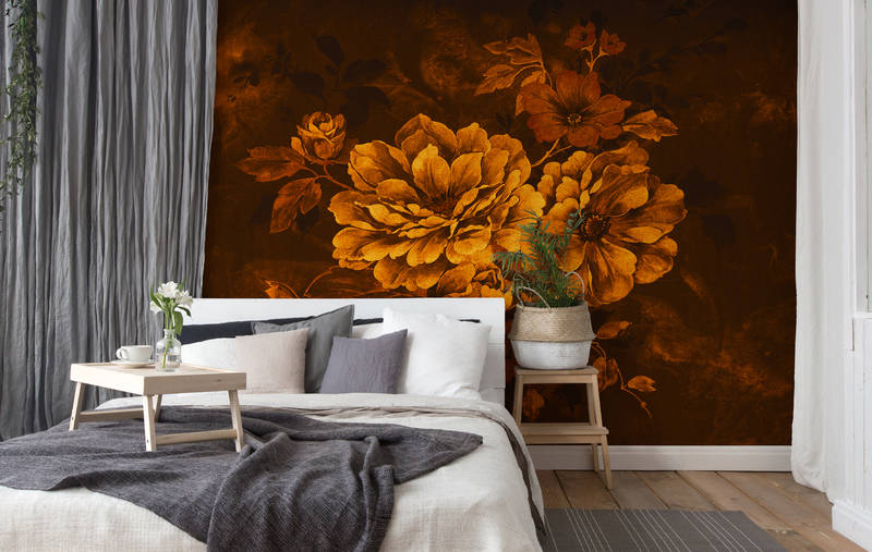             Blumen Fototapete im Ölgemälde-Stil, Vintage Design – Orange, Schwarz, Gelb
        