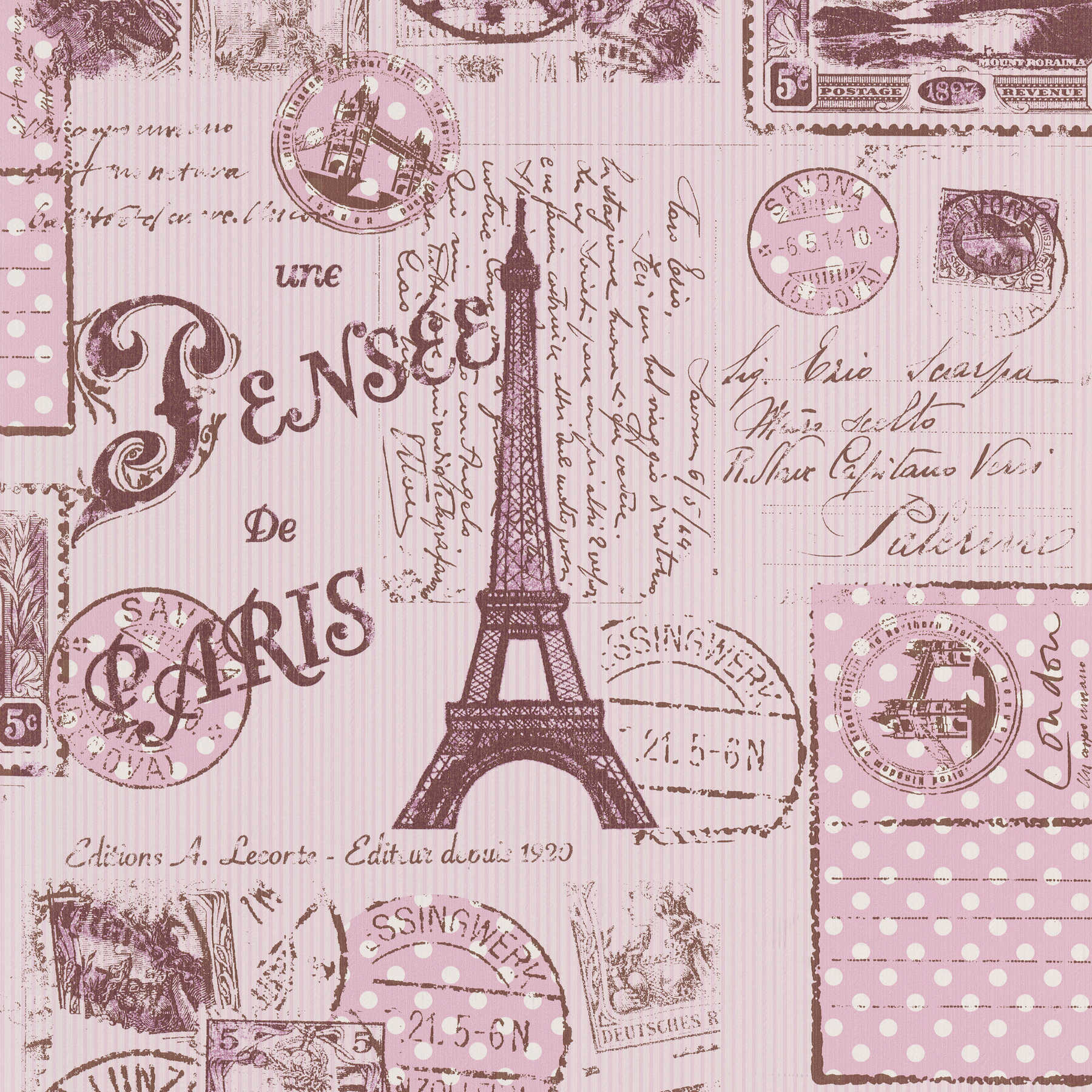         Gestreifte Papiertapete Paris im Vintage-Look – Rosa, Violett
    