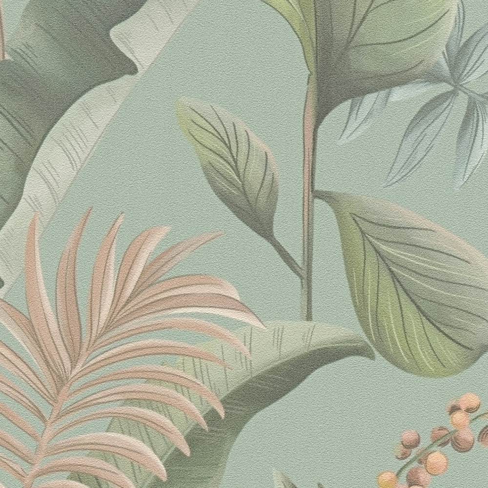             Dschungeltapete im floralen Stil mit Blättern strukturiert matt – Blau, Grün, Beige
        