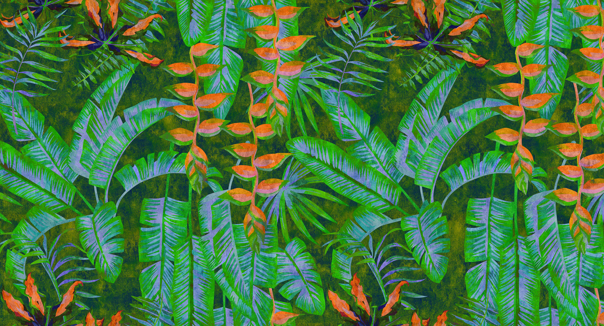             Tropicana 4 - Dschungel Fototapete mit knalligen Farben- Löschpapier Struktur – Grün, Orange | Perlmutt Glattvlies
        