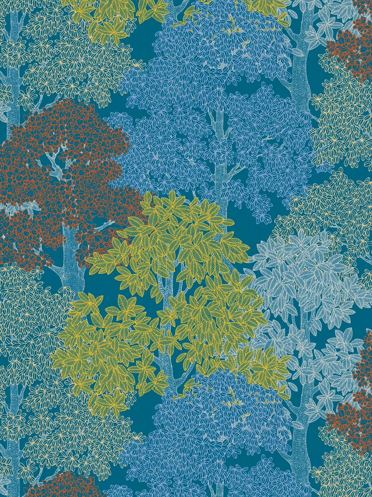             Tapete Bäume Muster im Scandinavian Stil – Blau, Gelb, Rot
        