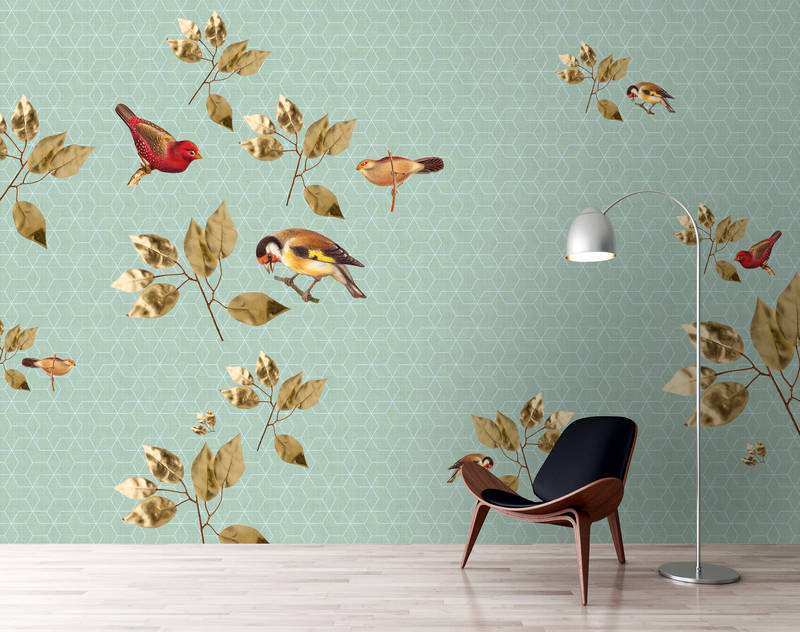             Brillant Birds 2 - Natürliche Fototapete geometrisches Design-naturleinen Struktur – Grün, Türkis | Premium Glattvlies
        