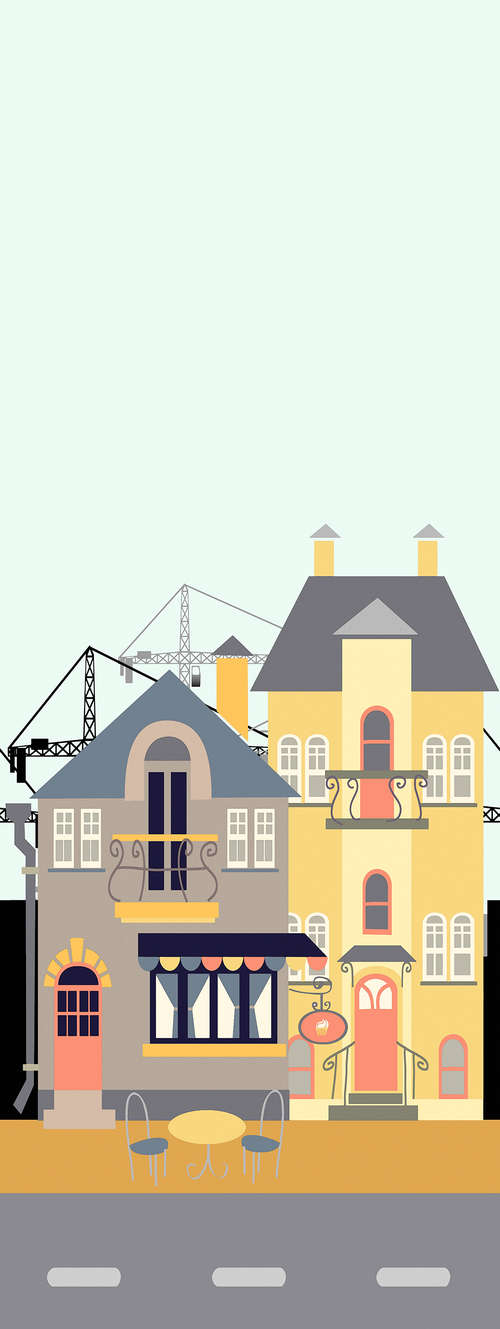             Stadt Fototapete mit Geschäft und Wohnhaus in Blau und Gelb auf Strukturvlies
        