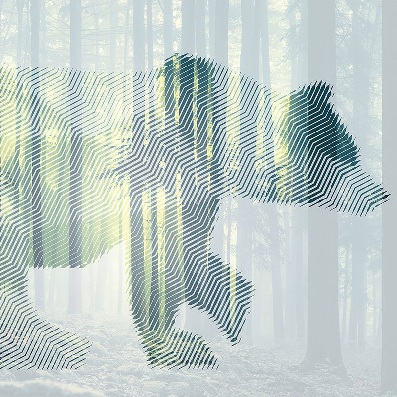 Fototapete Wald mit Bär & Grafikdesign – Grün, Weiß, Gelb
