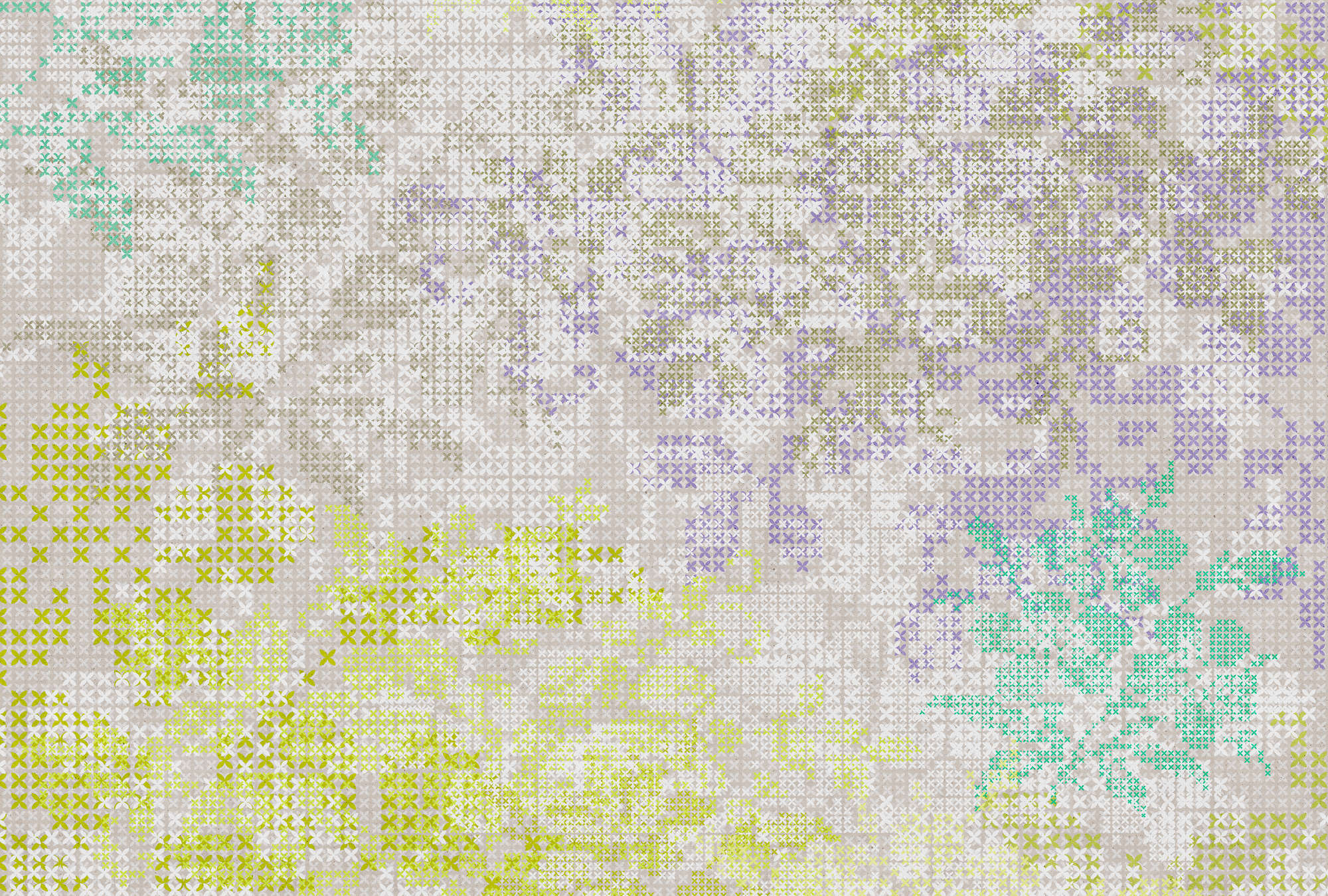             Blumen Fototapete mit Pixel Muster – Bunt, Grau
        
