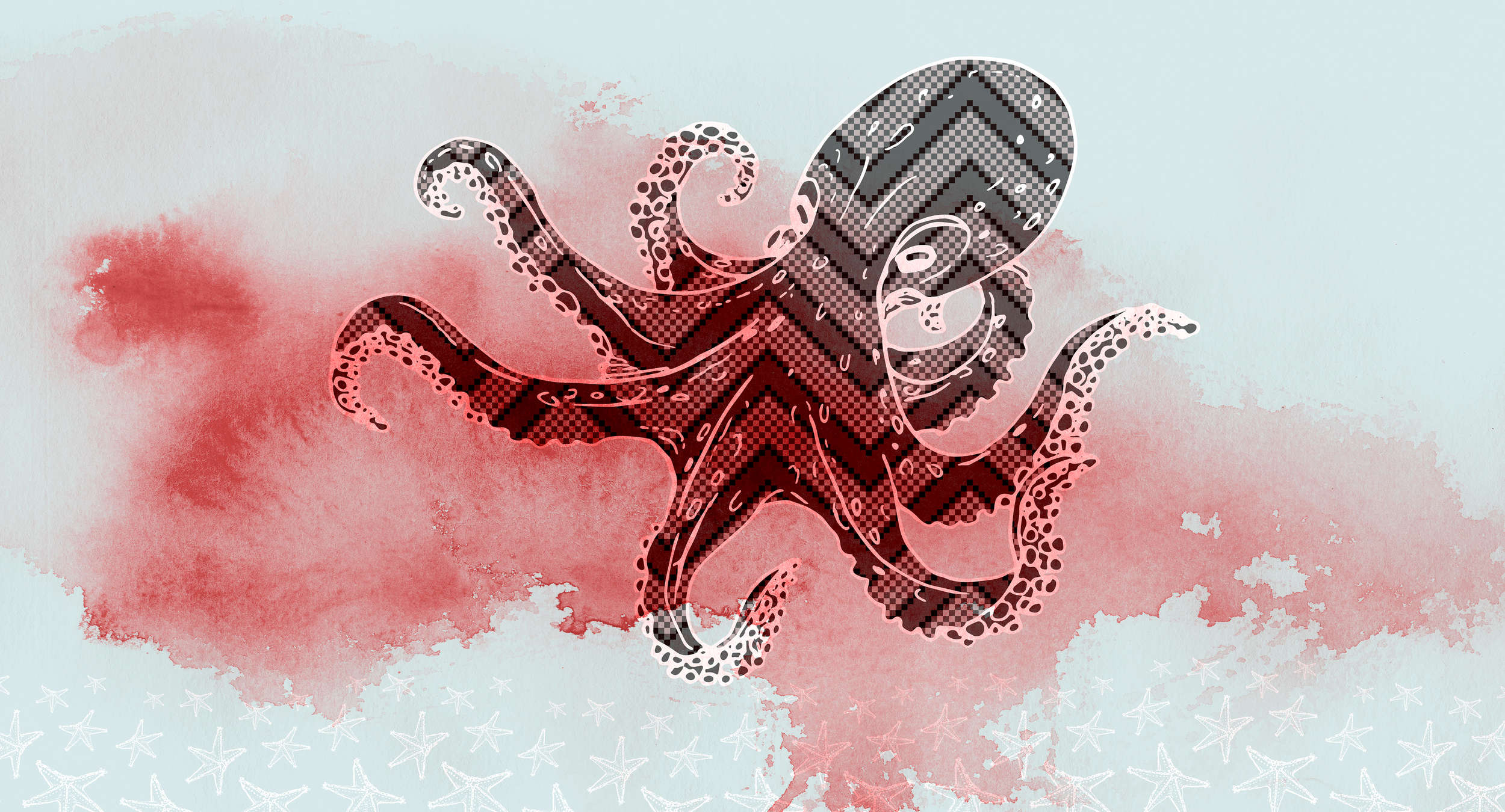             Oktopus Fototapete Grafik-Design & Seesternen – Rot, Blau, Weiß
        