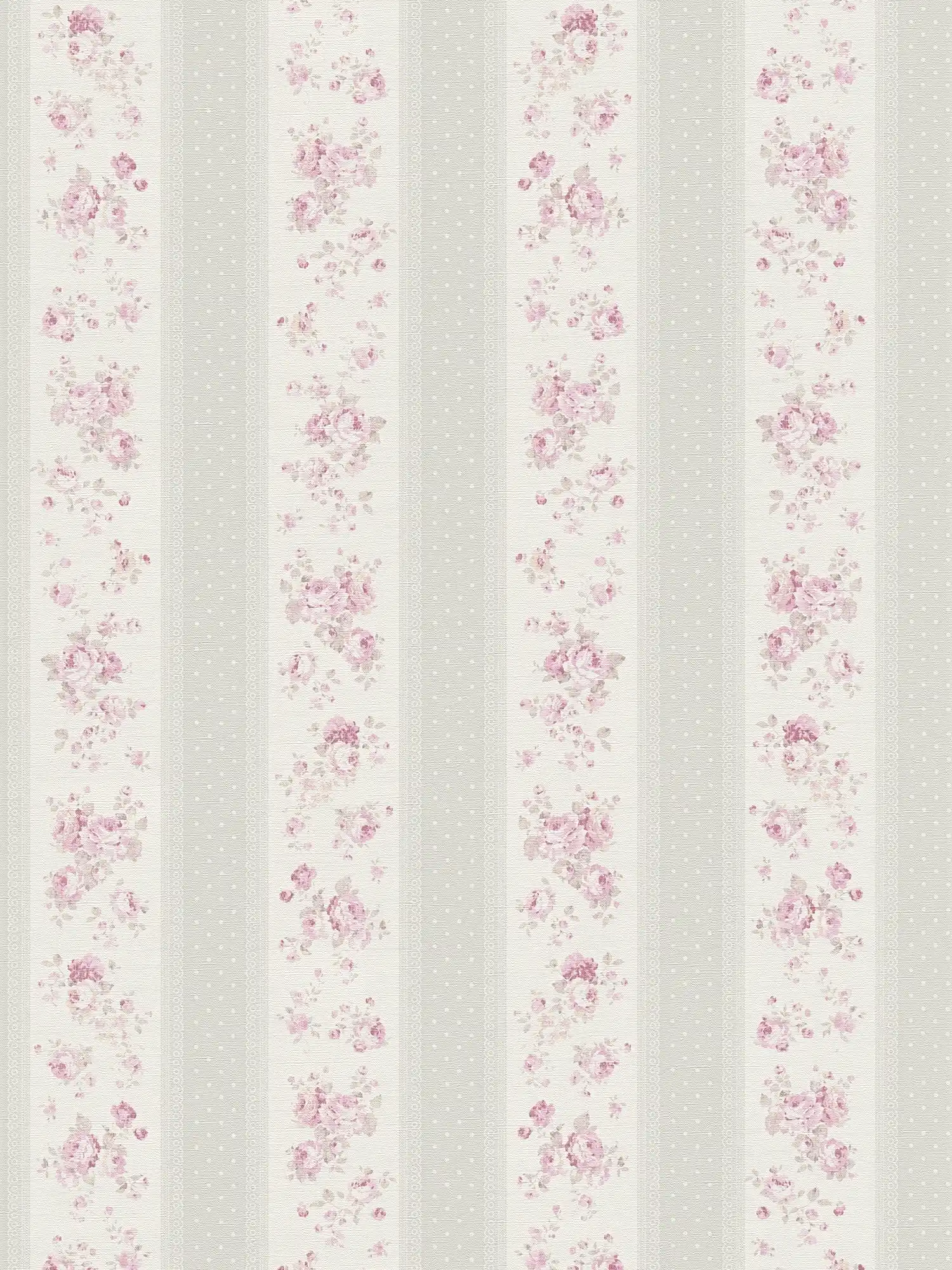         Streifentapete mit Blumen und Punkt Muster – Grau, Weiß, Rosa
    