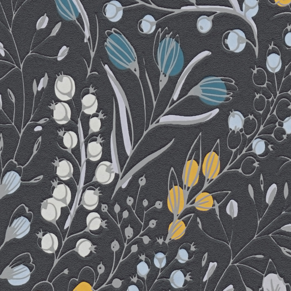             Tapete mit floralem & abstrakten Muster matt – Schwarz, Gelb, Blau
        