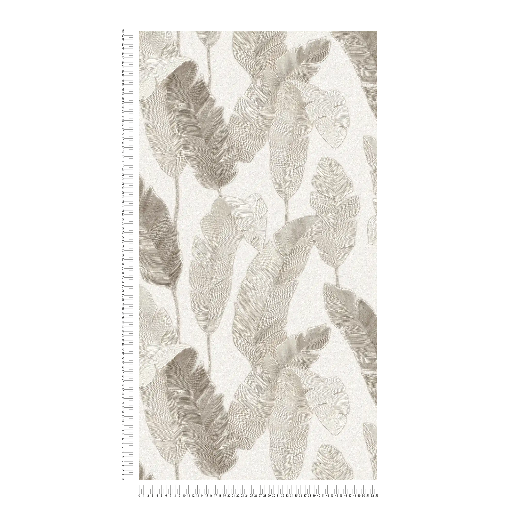             Vliestapete mit dezenten Palmenplätter – Weiß, Beige, Grau
        