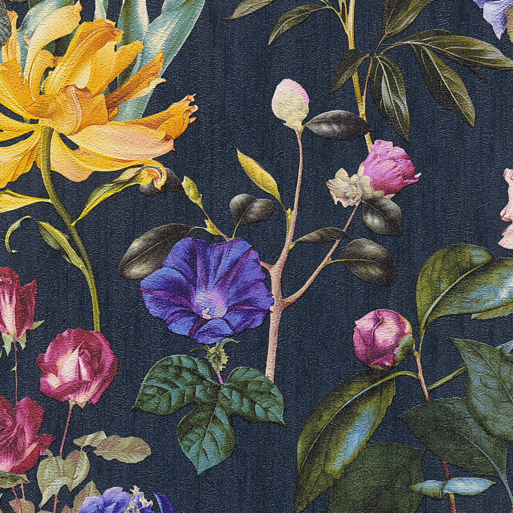             Blüten-Tapete mit Blumen in leuchtenden Farben – Blau, Grün, Rot
        