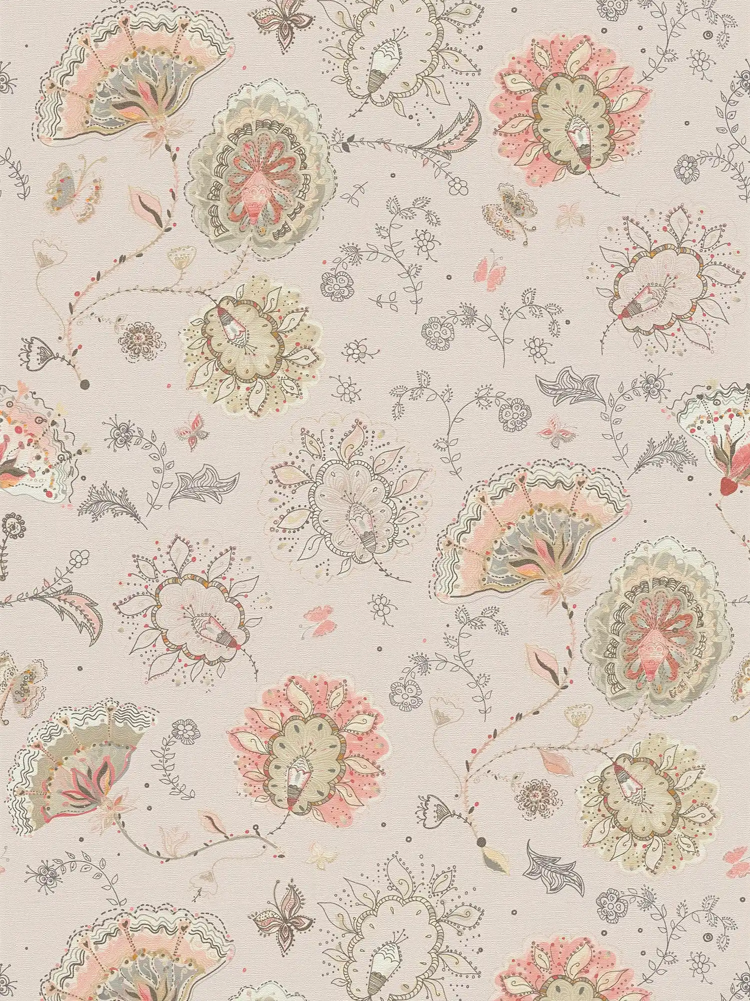 Florale Tapete mit abstraktem Blumenmuster & feinen Struktur – Grau, Beige, Rot
