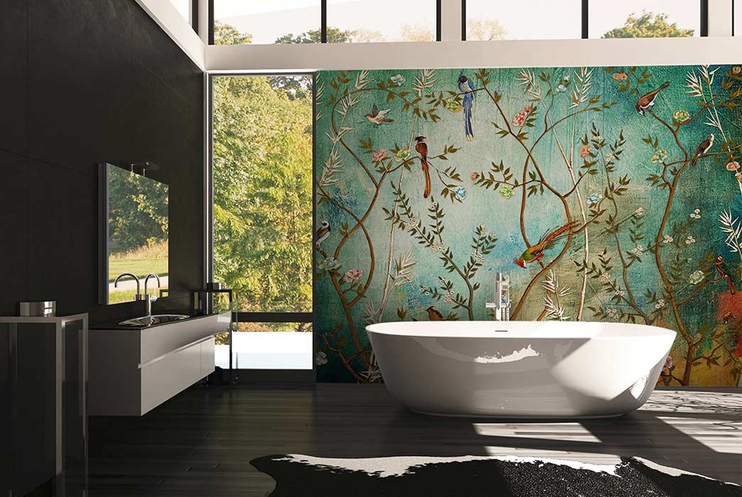 Badezimmer mit Fototapete, Dschungel Muster mit Vögeln, Bunt Grün Braun