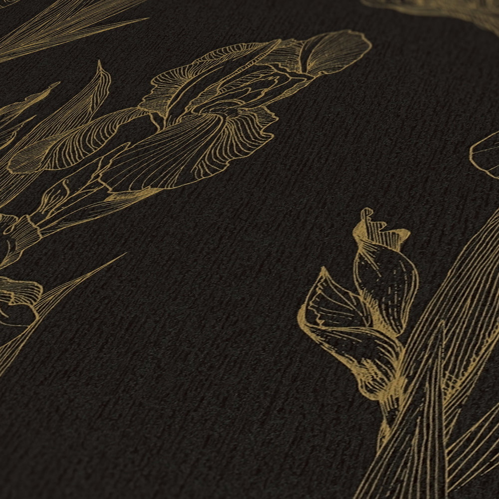             Florale Mustertapete mit Blüten im Zeichenstil – Schwarz, Gelb
        