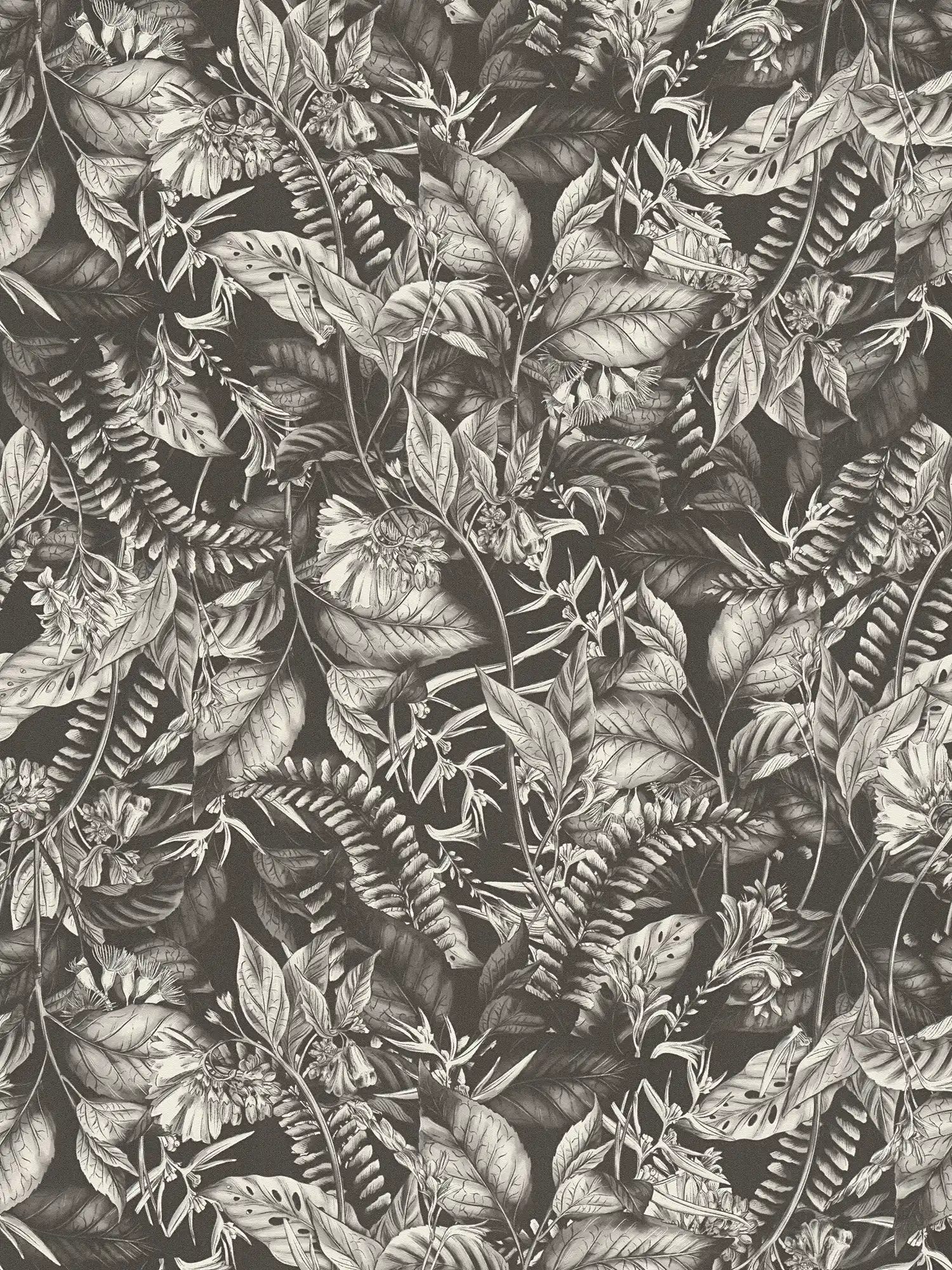 Tapete floral mit Blättern & Blüten strukturiert matt – Schwarz, Weiß
