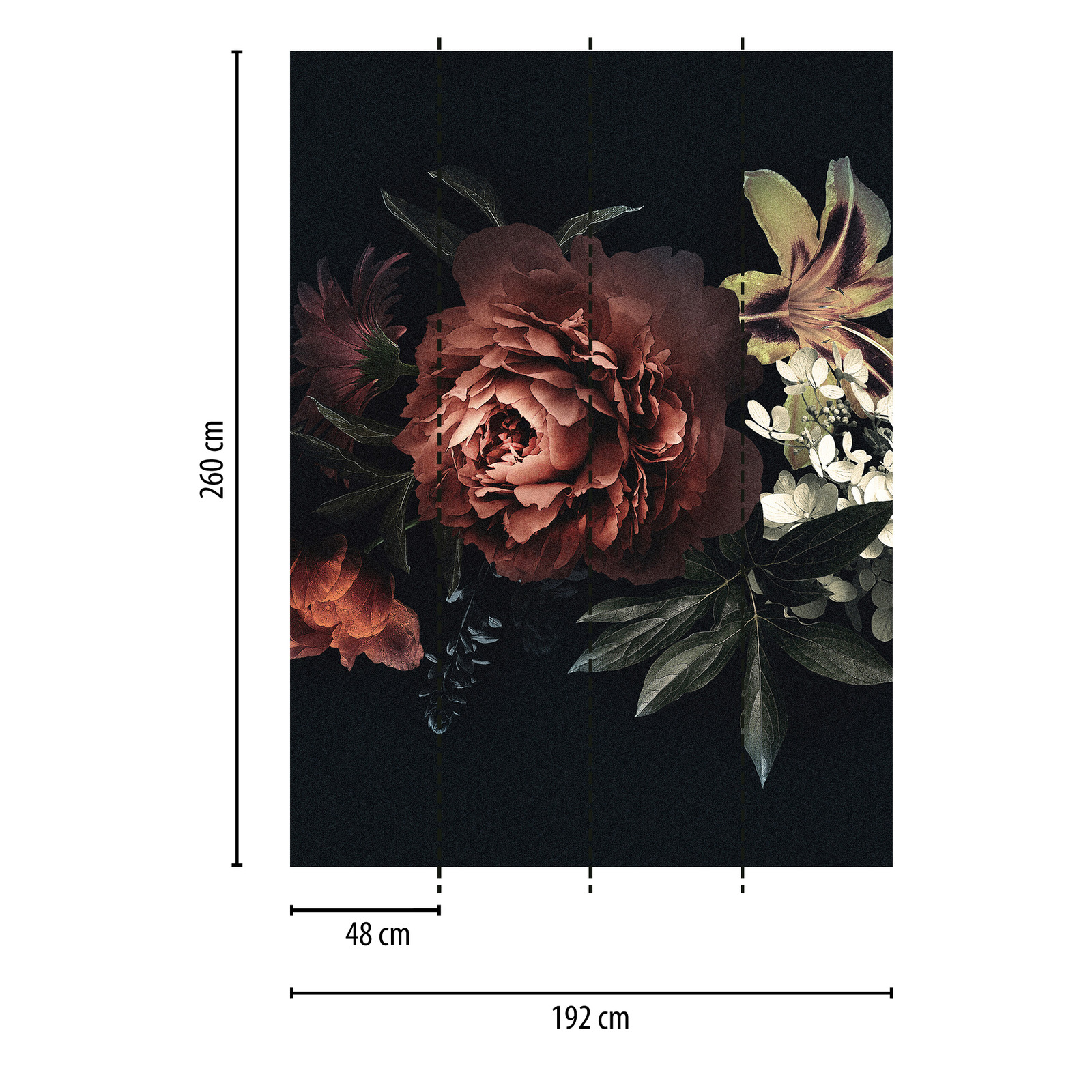             Fototapete Vintage Blumen – Rot, Schwarz
        