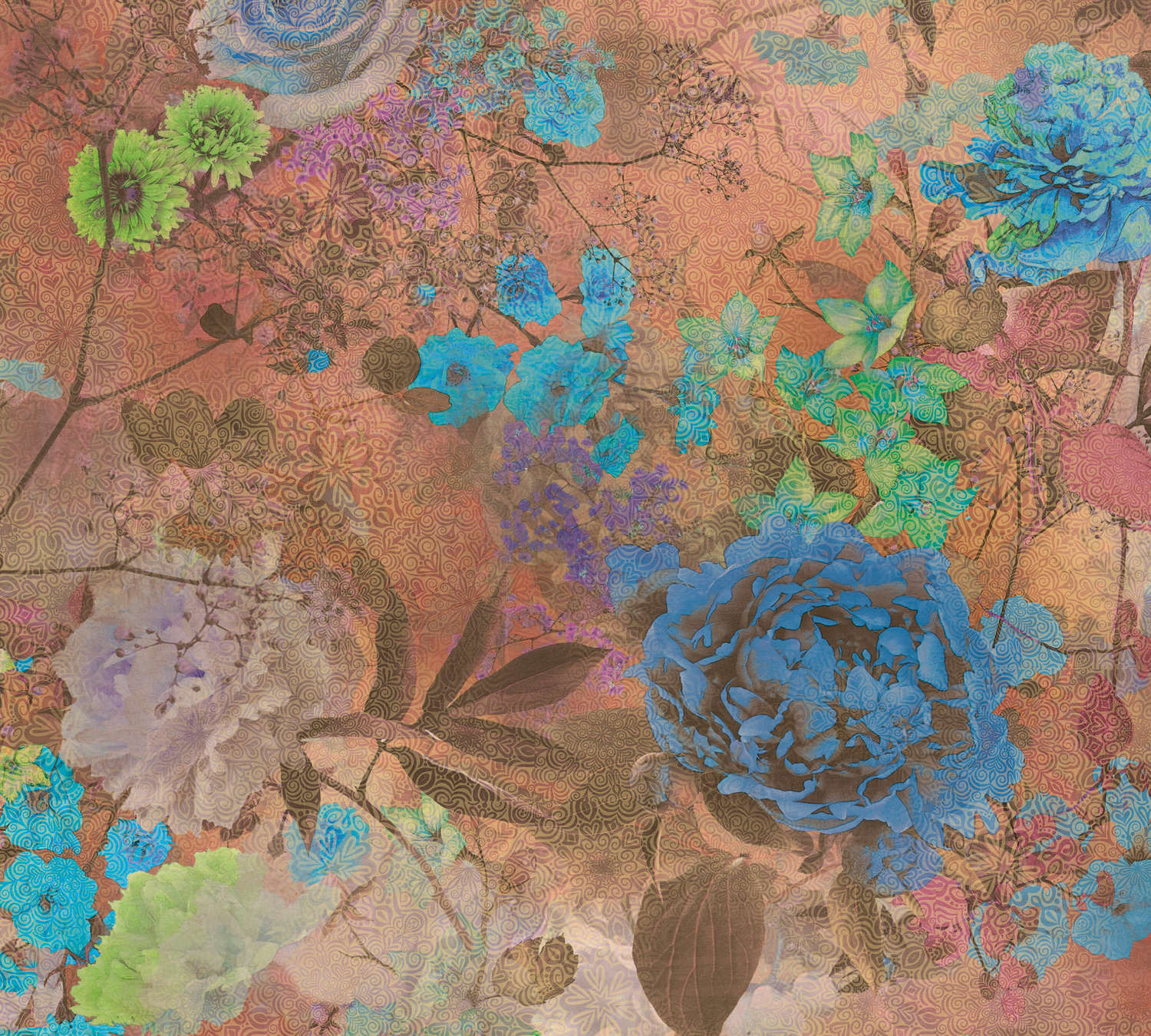             Bunte Fototapete Blüten & Ornamenten – Braun, Blau, Grün
        