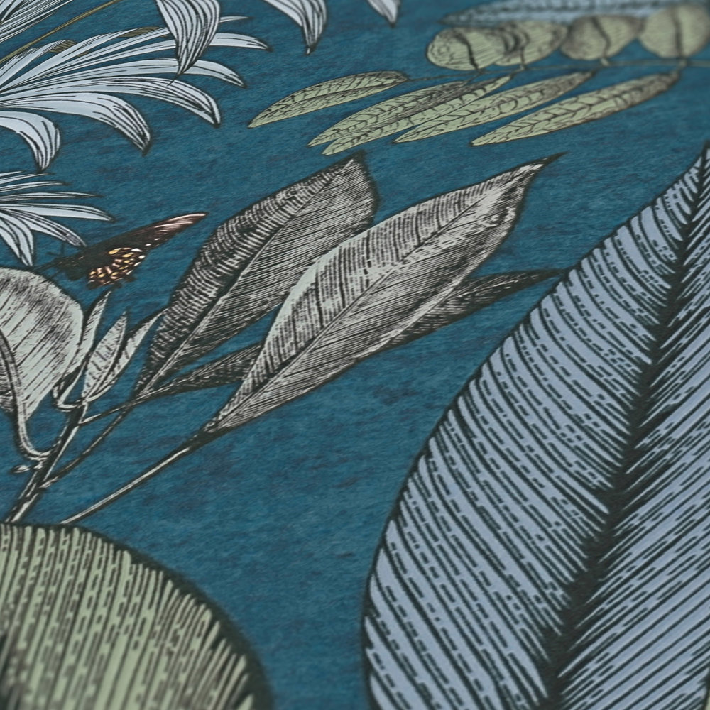             Blaue Tapete mit Dschungelmuster im Zeichenstil
        