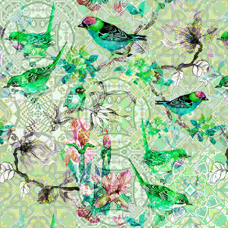 Vogel Fototapete Grün mit Mosaik Muster – Grün, Rosa
