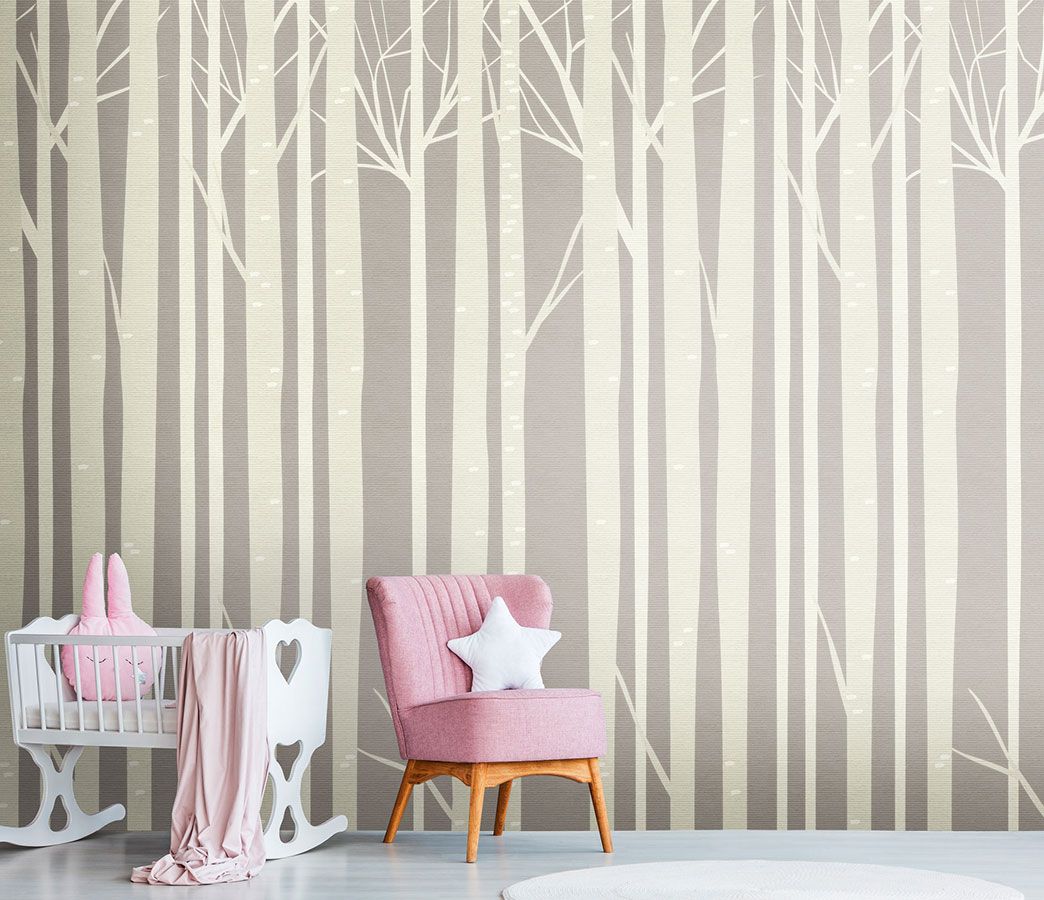 Kinderzimmer Tapete mit Baumstamm Muster in Weiß und Grau AS382951