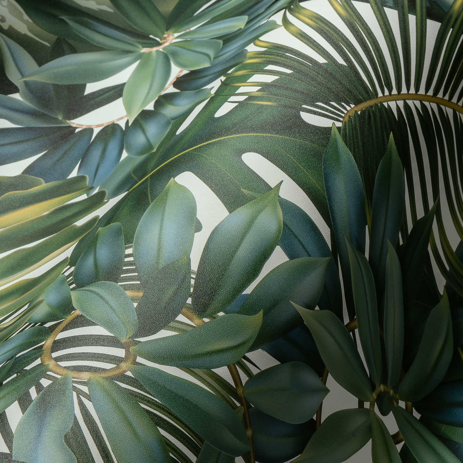             Blätter-Tapete Dschungel Muster – Grün, Creme
        