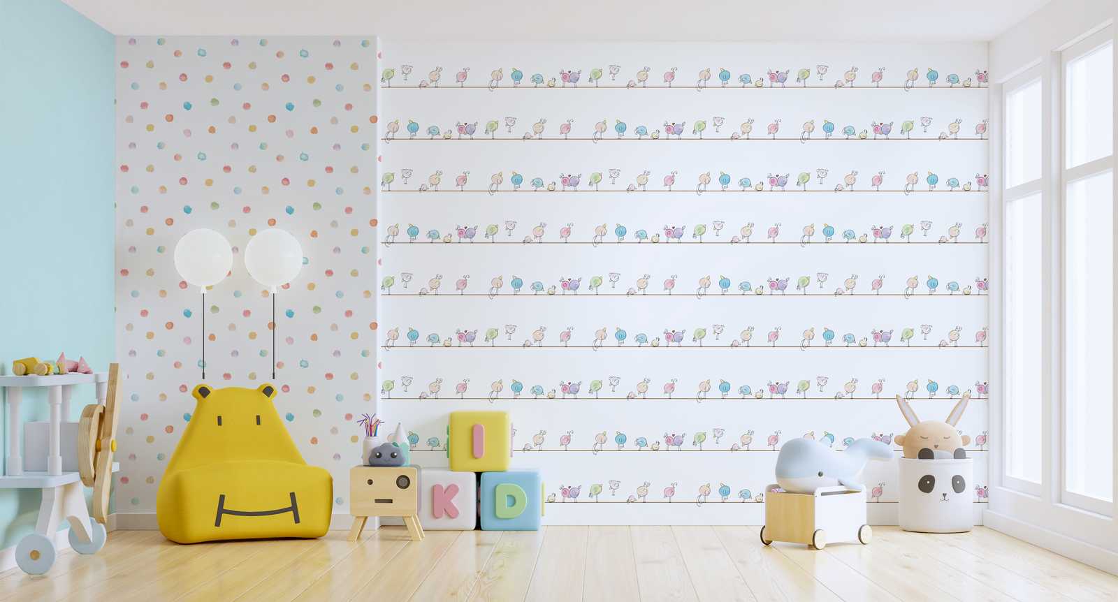             Kinderzimmer Tapete Aquarell & Vögel – Bunt, Weiß, Blau
        
