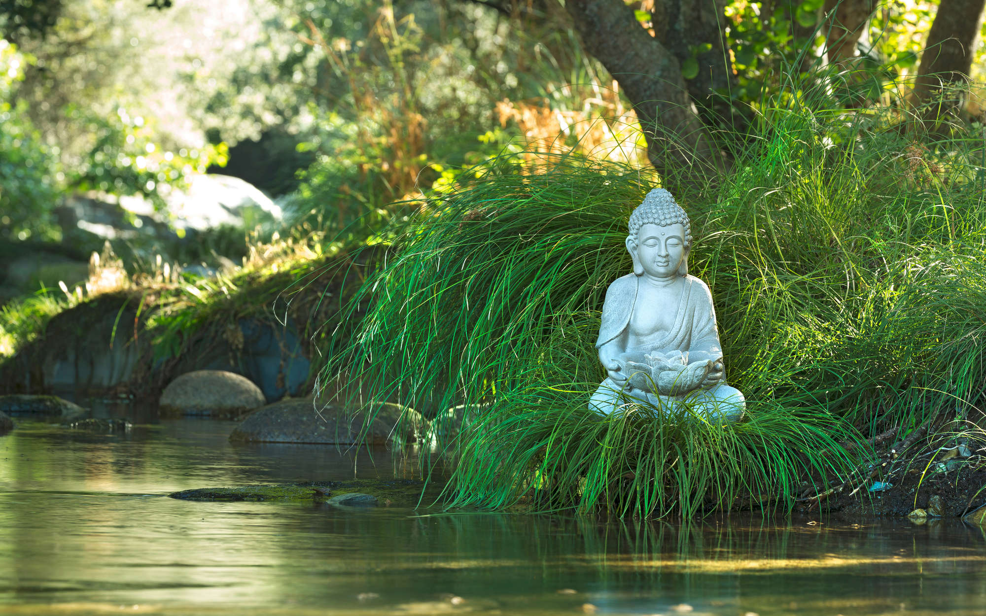            Fototapete Buddha-Statue am Flussufer – Perlmutt Glattvlies
        