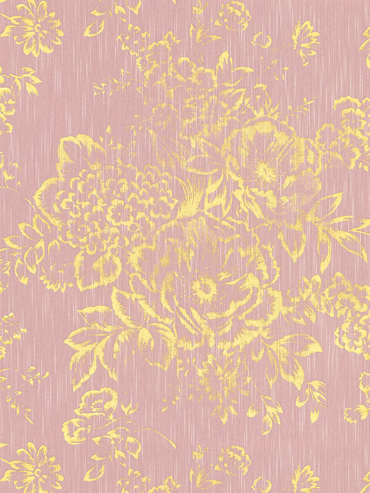 Strukturtapete mit goldenem Blütenmuster – Gold, Rosa
