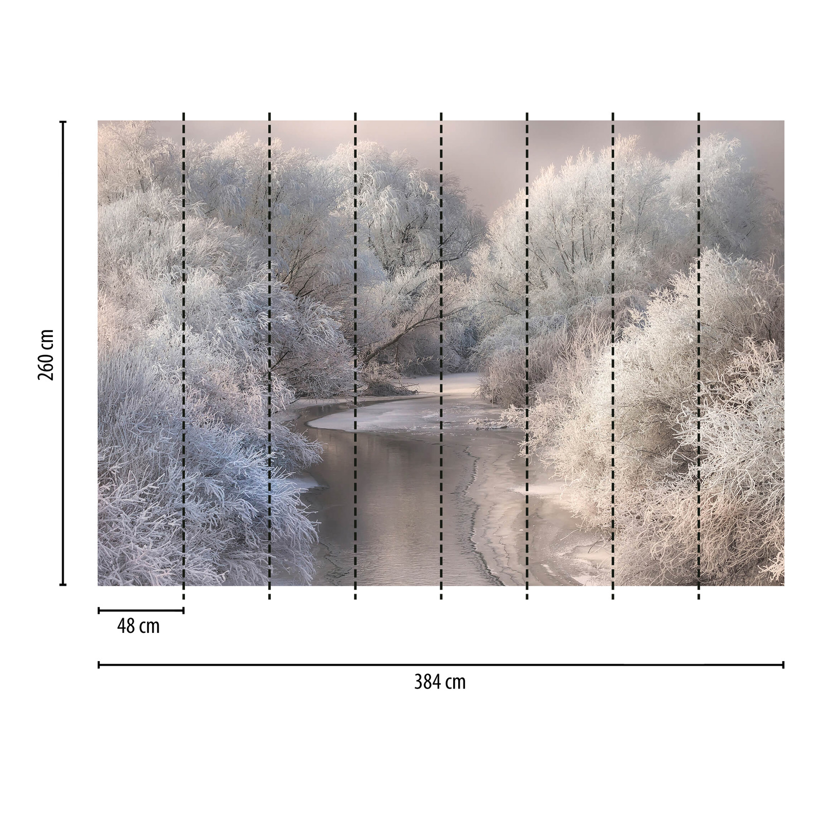             Fototapete gefrorener Wald mit Fluss – Weiß, Grau
        