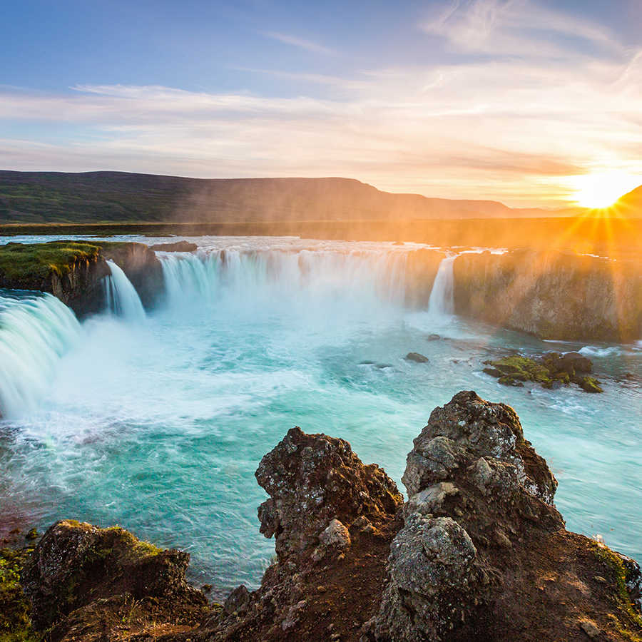 Natur Fototapete Wasserfälle mit Sonnenuntergang auf Matt Glattvlies
