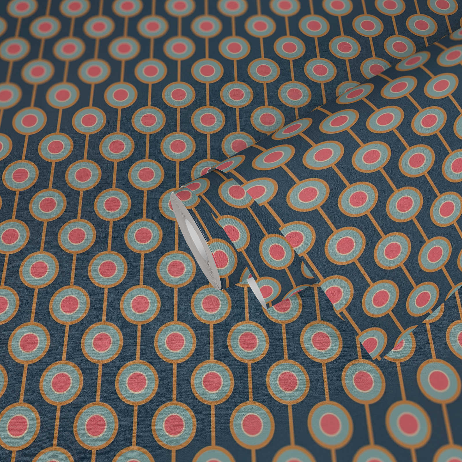             Retro Tapete mit leichter Struktur und Kreis Bemusterung – Blau, Gelb, Pink
        