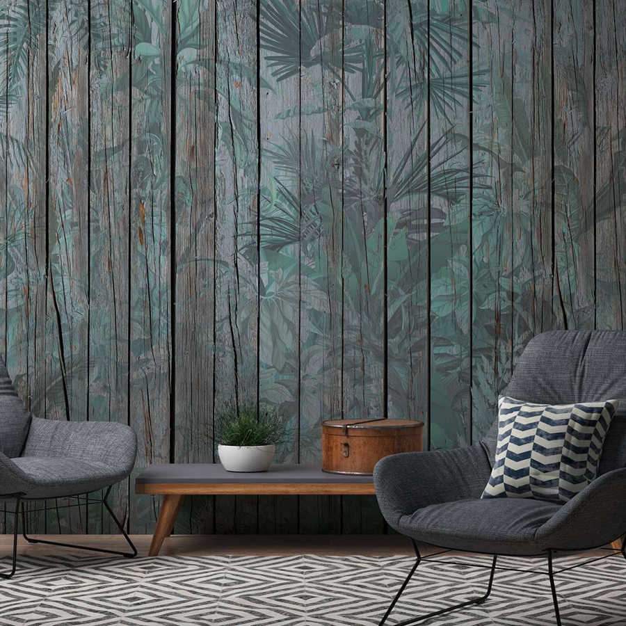 Fototapete Holzwand mit Dschungelpflanzen – Braun, Grün
