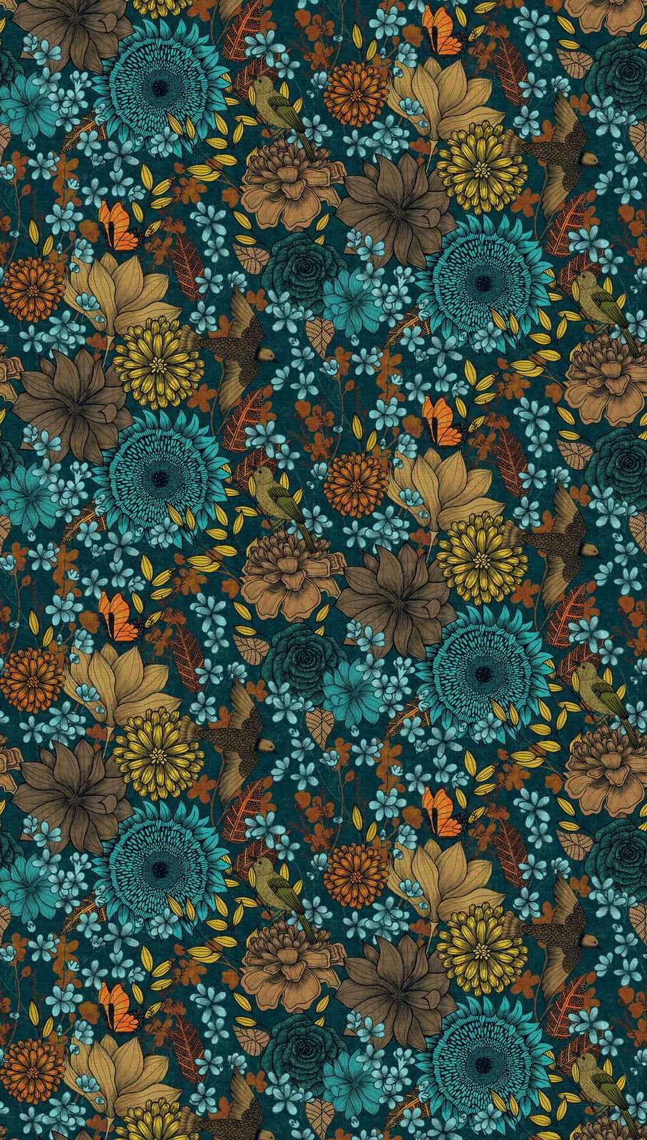             Bunte Vliestapete mit großflächigen Blumenmuster mit Blüten & Blätter – Blau, Beige, Braun
        