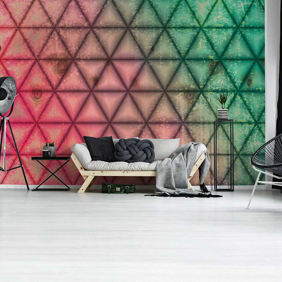 Fototapete geometrisches Dreiecks Muster in Holzoptik – Grün, Pink
