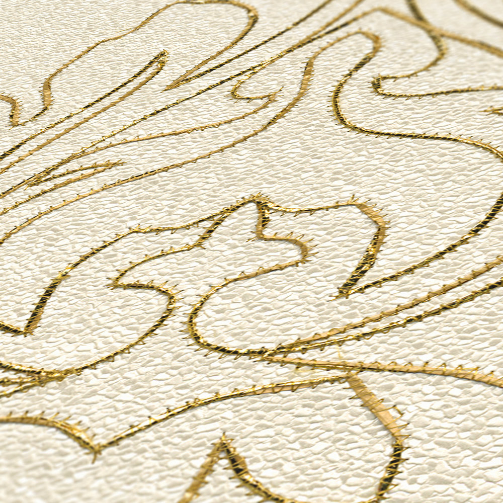             Premium-Wandpanel mit Ornamenten und starker Struktur – Creme, Gold
        