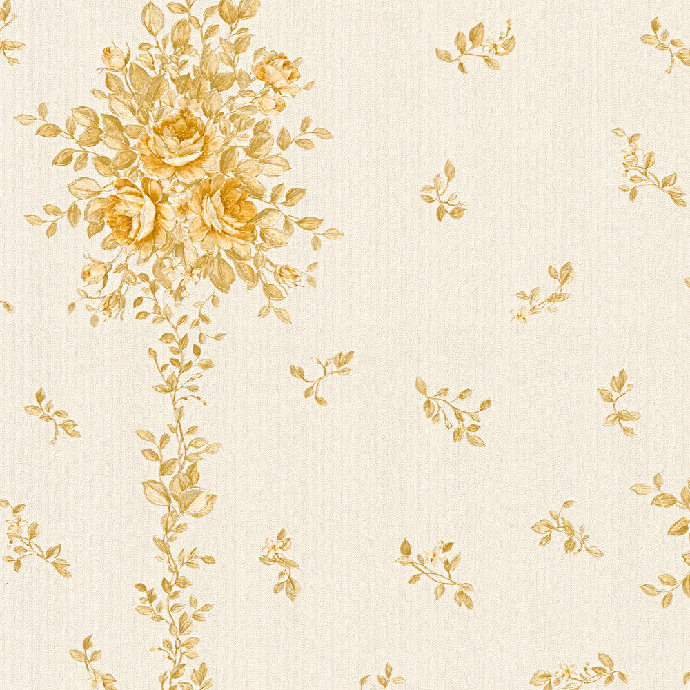             Florale Tapete Blumenmuster in Metallic-Gold – Creme
        